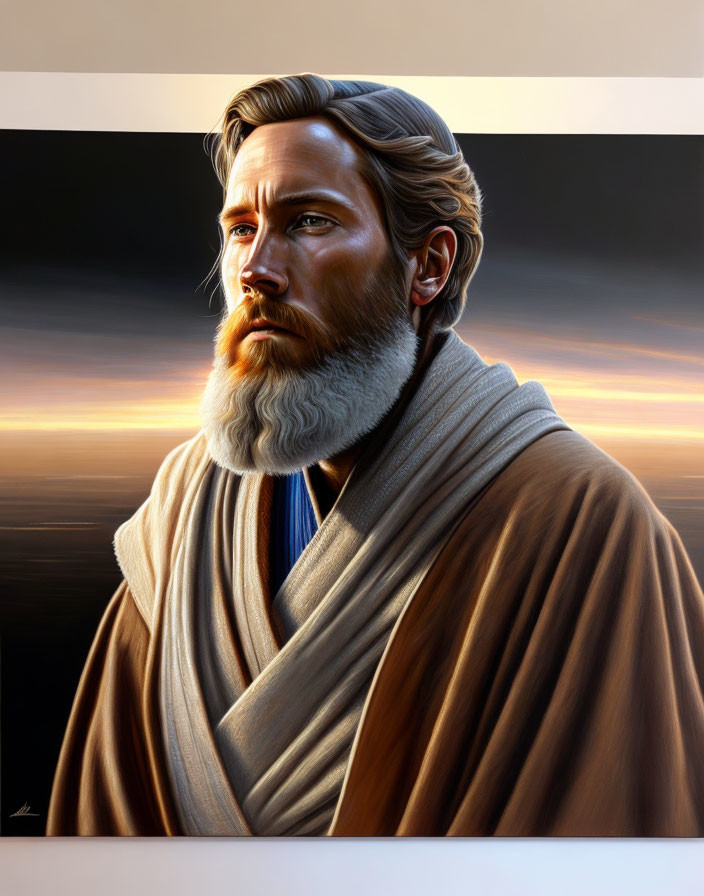 Illustration of bearded man in robes at sunset