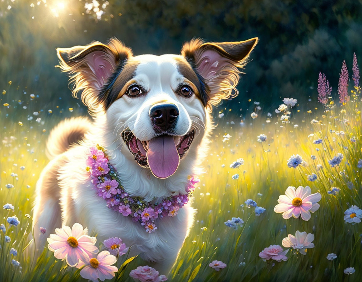 Cute happy dog is running in grass full of flowers