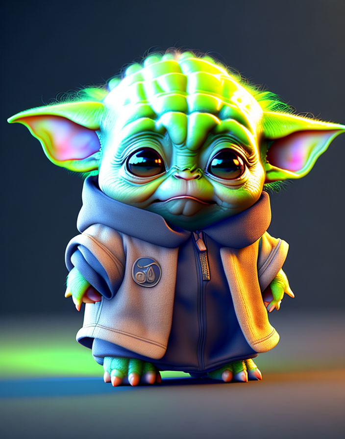 Stylized Baby Yoda illustration in cozy hoodie