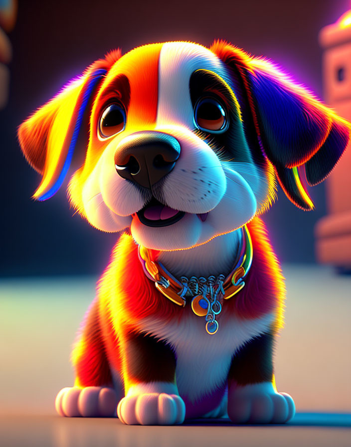 Colorful Illustration of Adorable Puppy with Glowing Fur and Glimmering Collar
