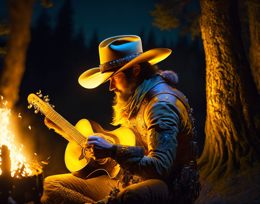 Cowboy playing campfire music 