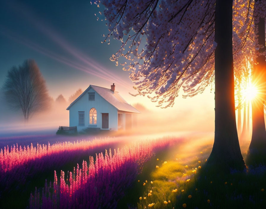 Scenic sunrise with warm light, cozy house, purple flowers, and mist