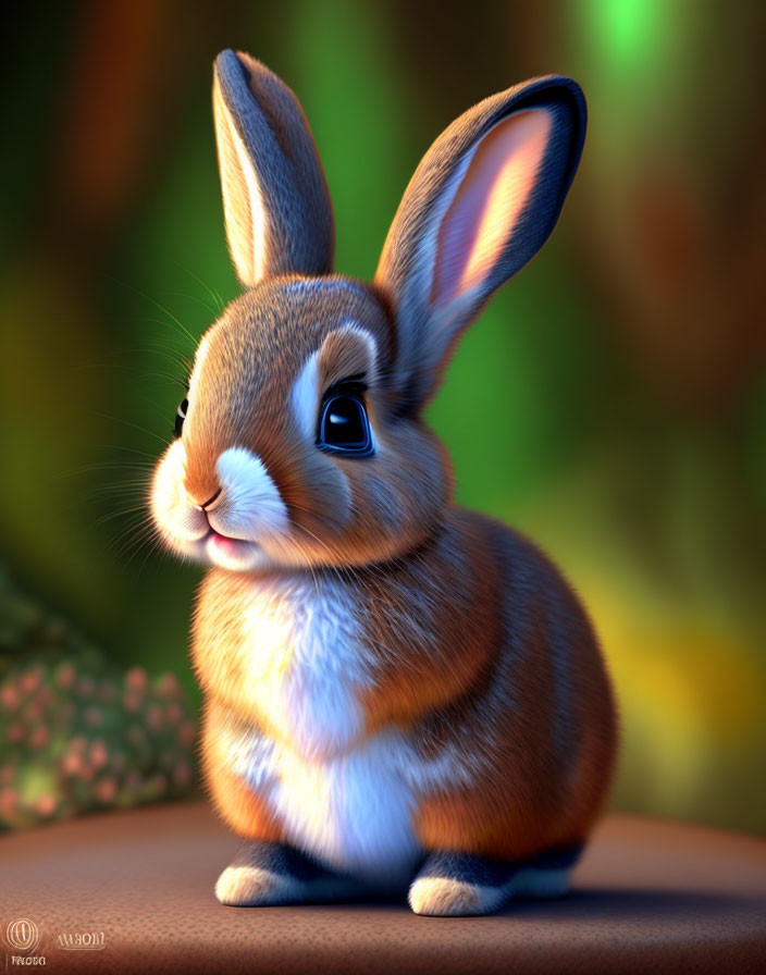 Detailed Cute Rabbit Illustration with Large Expressive Eyes and Soft Fur Against Blurred Nature Background
