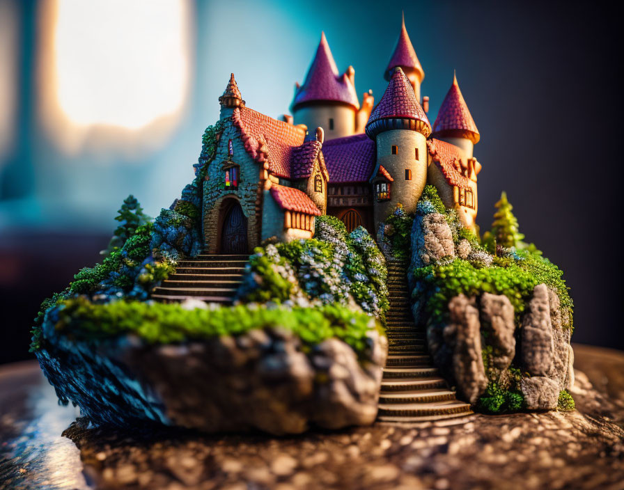 Miniature fairy-tale castle with turrets and stone staircase in dramatic lighting