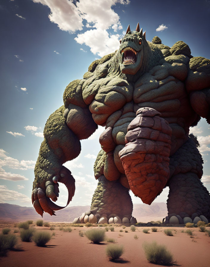 Gigantic monster with rock-like skin and fierce claws in desert landscape
