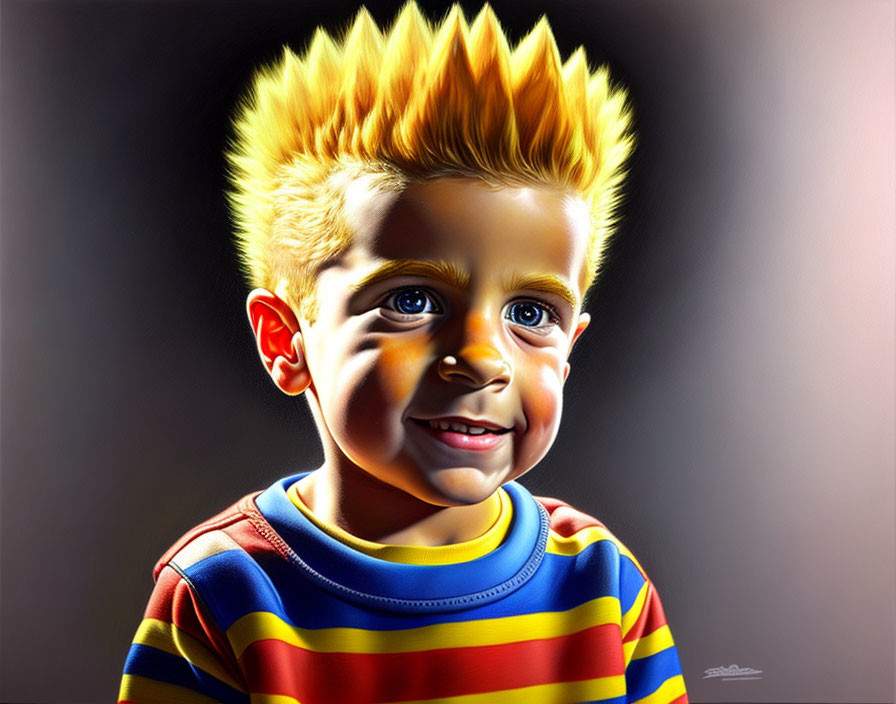 Smiling boy with spiky yellow hair in colorful shirt on dark background