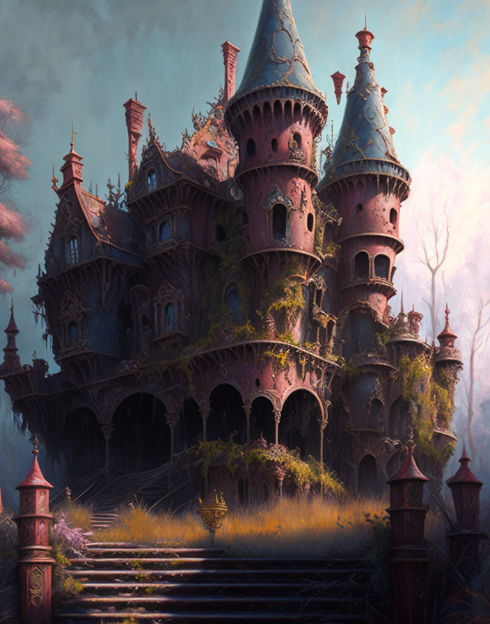 Fantasy-style castle with spires in mystical landscape