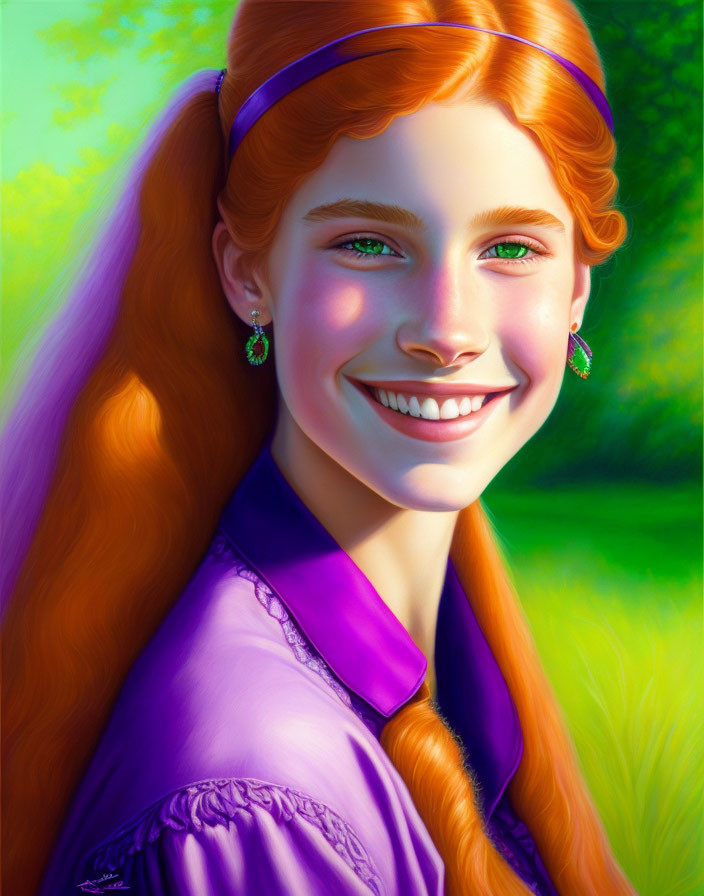 Smiling woman with red hair in purple dress on green background
