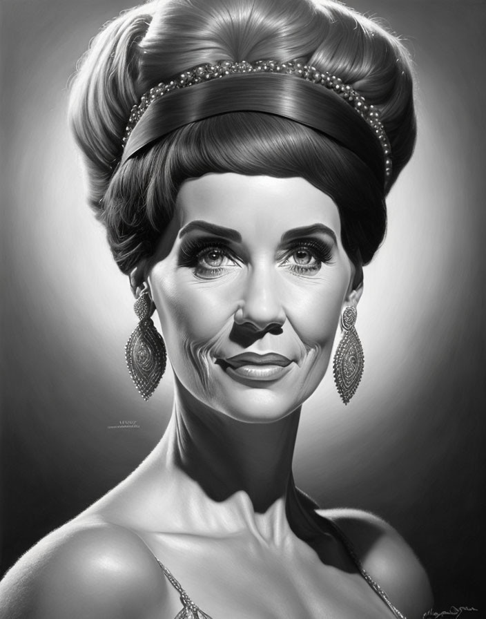 Monochromatic portrait of woman with updo, tiara, earrings & sequined dress