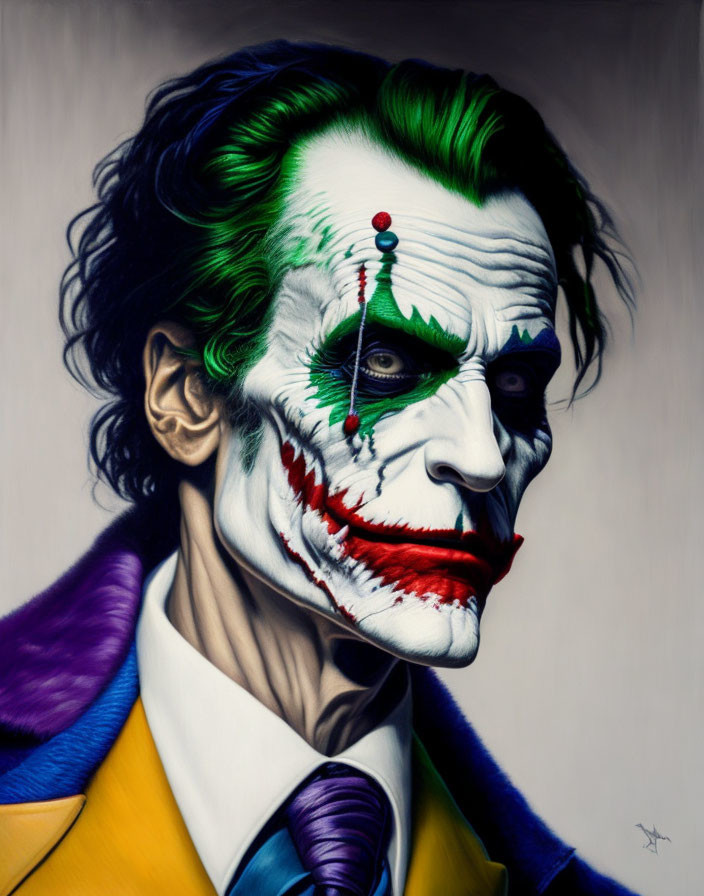 Realistic Joker Artwork: Detailed Face Paint, Green Hair, Purple Suit