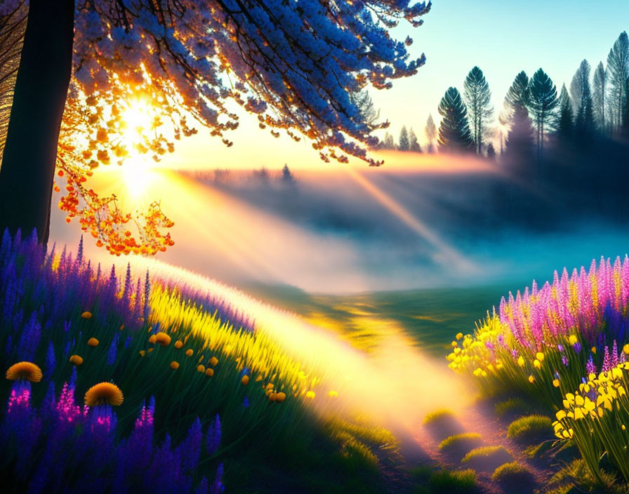 Sunrise beams through misty park with purple and yellow wildflowers