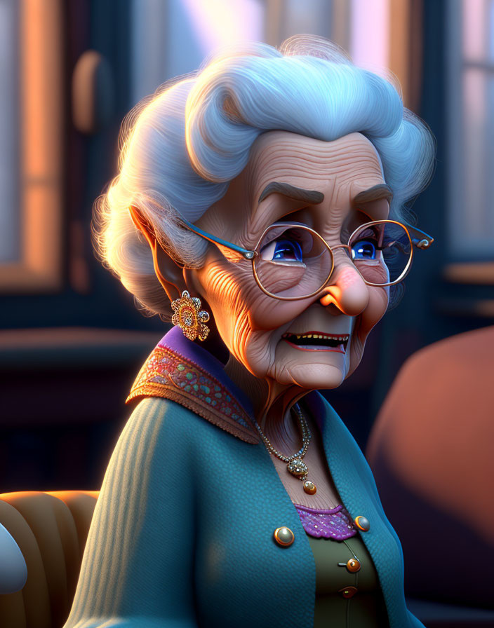 Elderly animated woman in glasses and pearl necklace smiling warmly