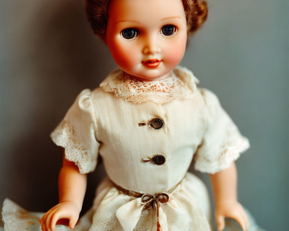 Vintage Brown-Haired Doll in Cream Blouse and Blue Floral Skirt
