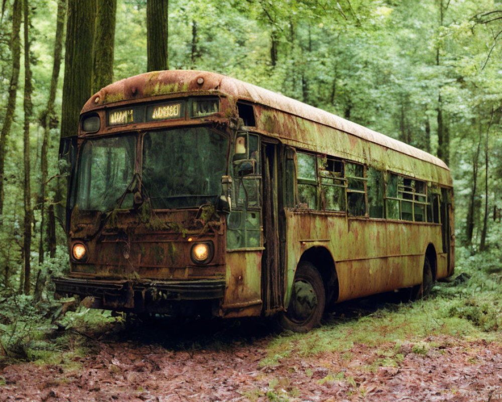 Decaying rust-covered bus in lush forest scenery