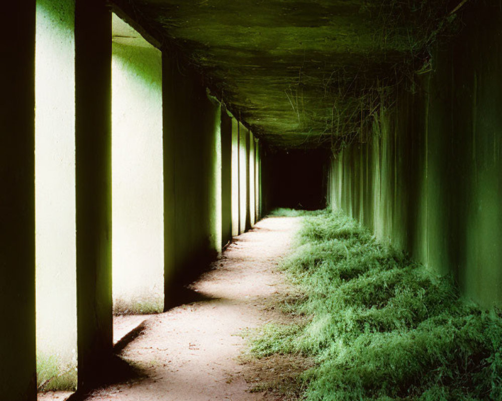 Dimly Lit Tunnel with Green Walls and Overgrown Foliage