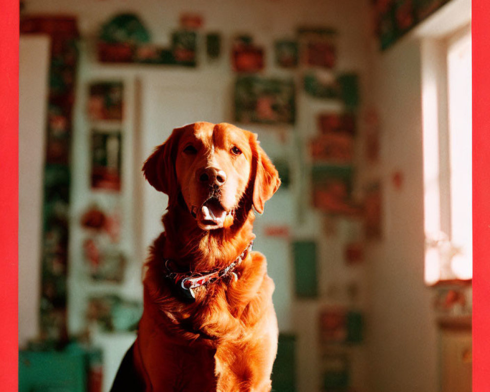 Golden Retriever in Sunlit Room with Red Walls and Pictures