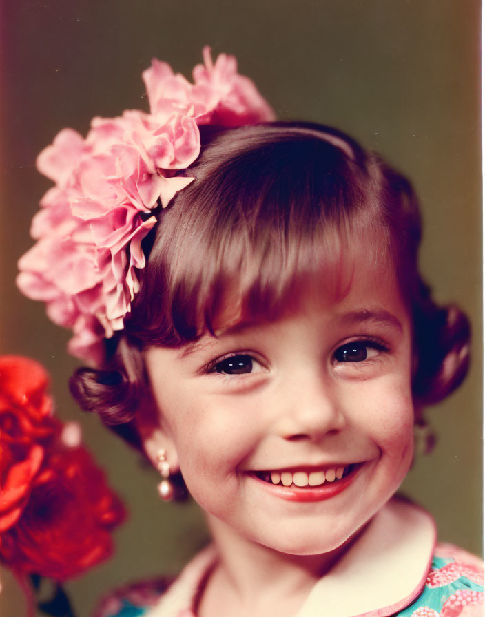 Young girl with pink floral accessory and striped outfit in soft backdrop