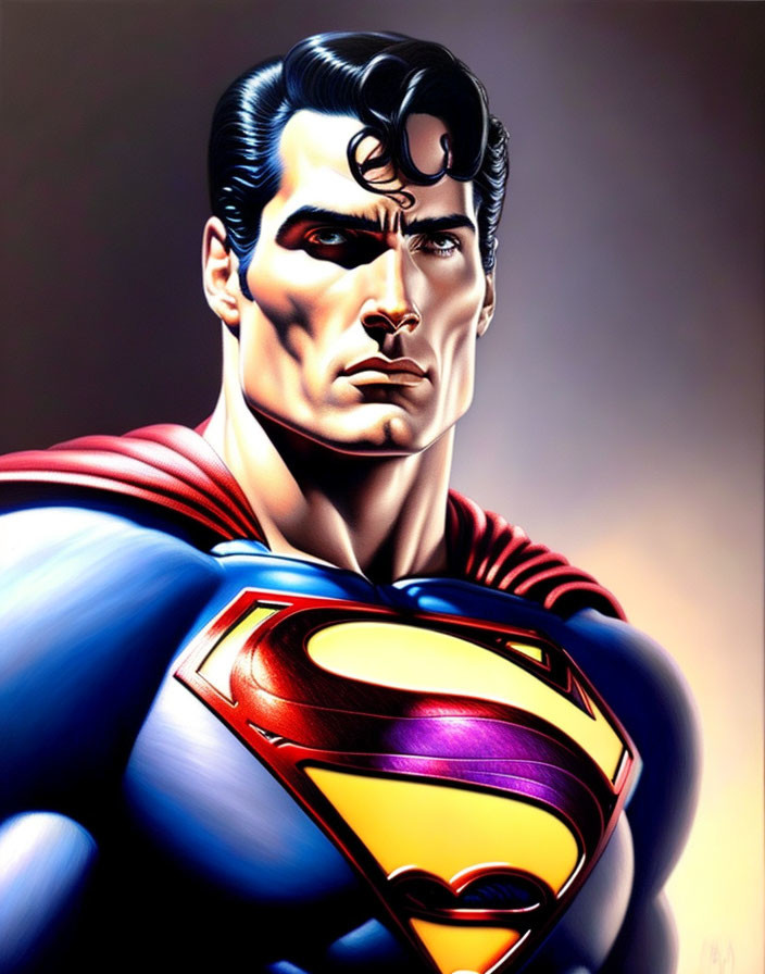 Superman illustration with confident expression in blue suit & red cape