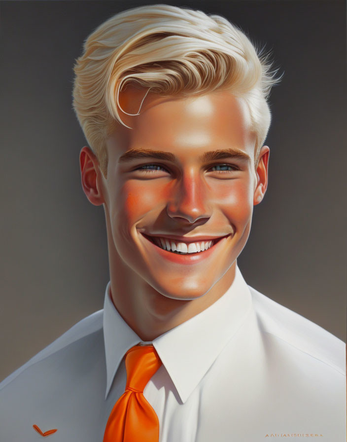 Blond Young Man Smiling in White Shirt and Orange Tie