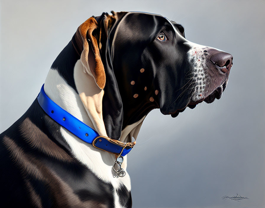 Regal black and white dog portrait with blue collar