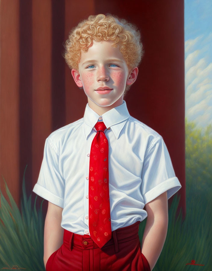 Young boy with red hair, freckles, white shirt, red tie, and shorts in front