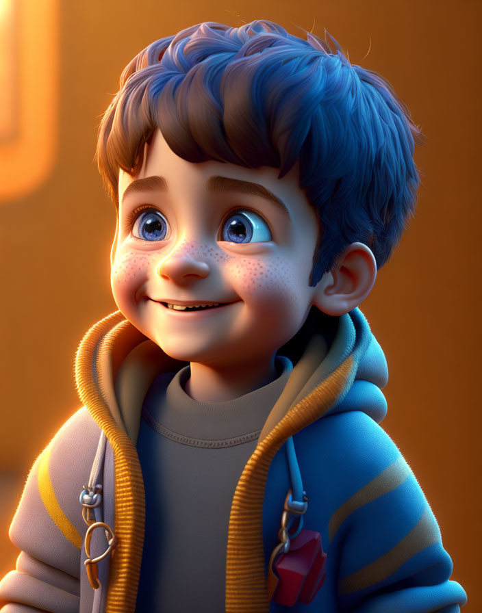 Young boy with blue hair and freckles in yellow hoodie smiling in warm lighting