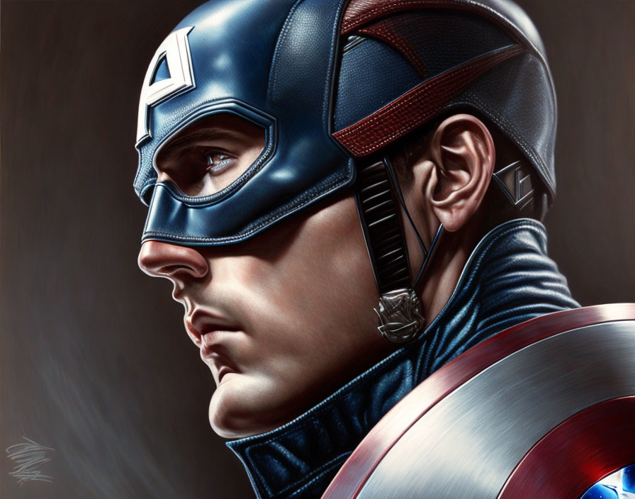 Superhero illustration: Blue helmet, "A" emblem, holding shield