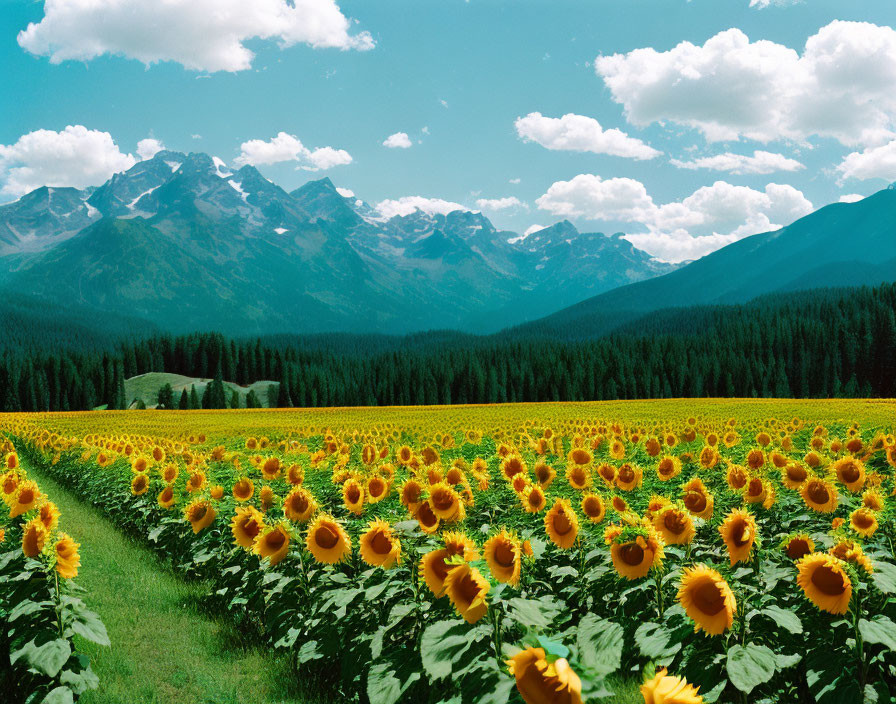 Sunflower Field with Green Mountains and Blue Sky