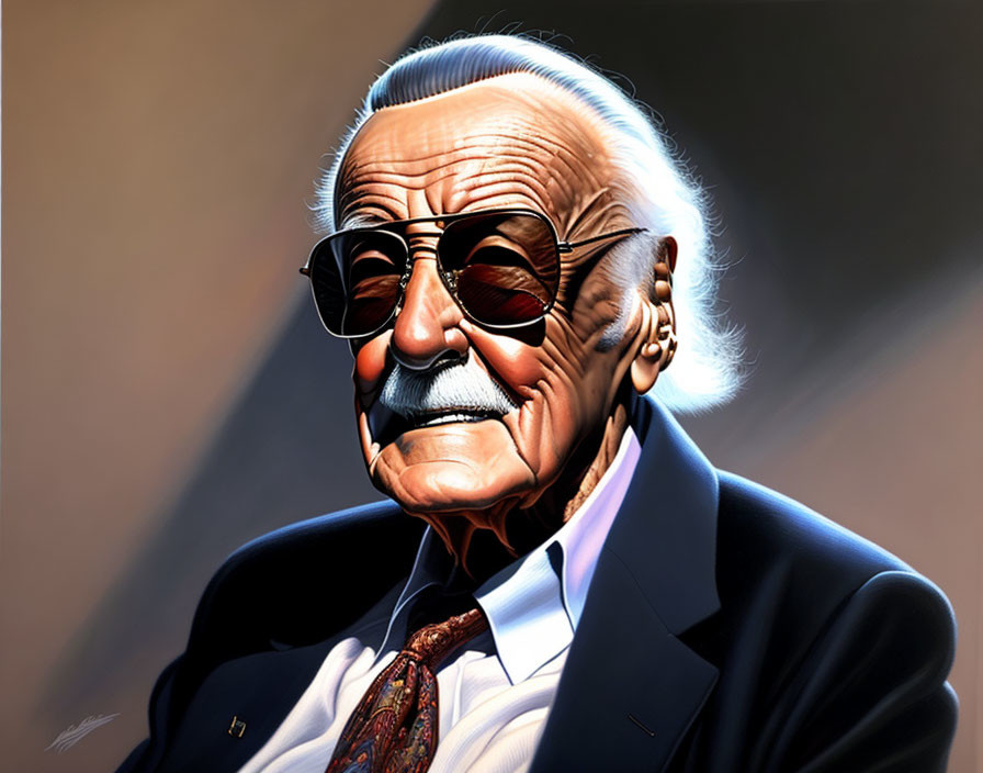 Elderly man with mustache in aviator sunglasses and suit smiling contentedly