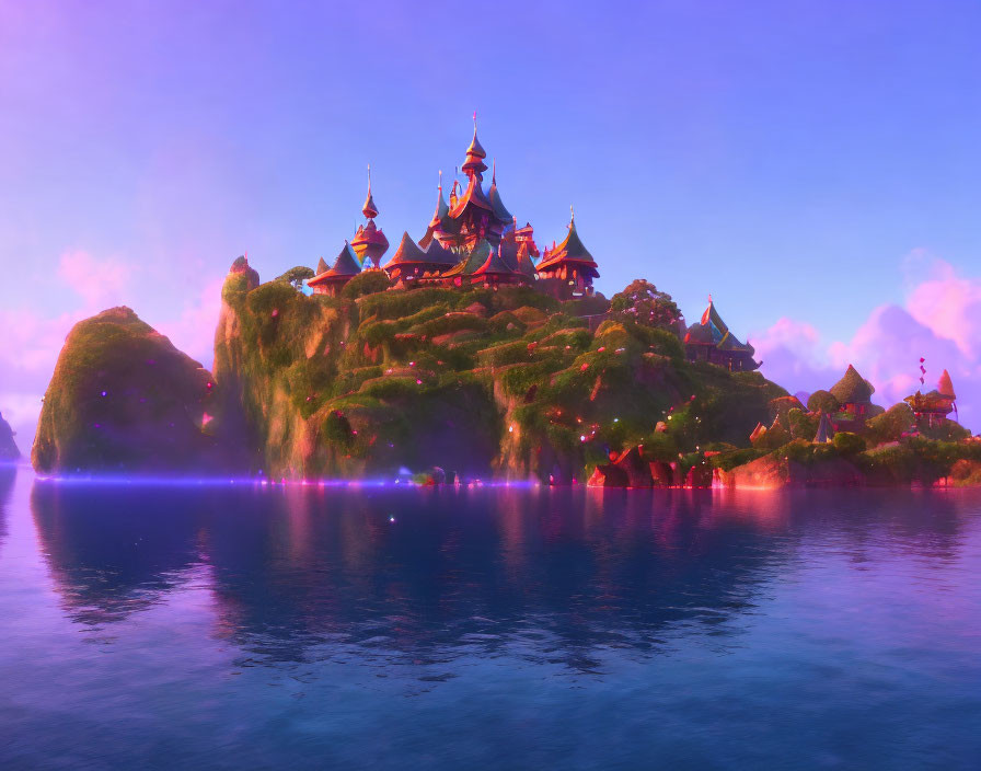 Fantasy castle on lush island with calm lake at dusk