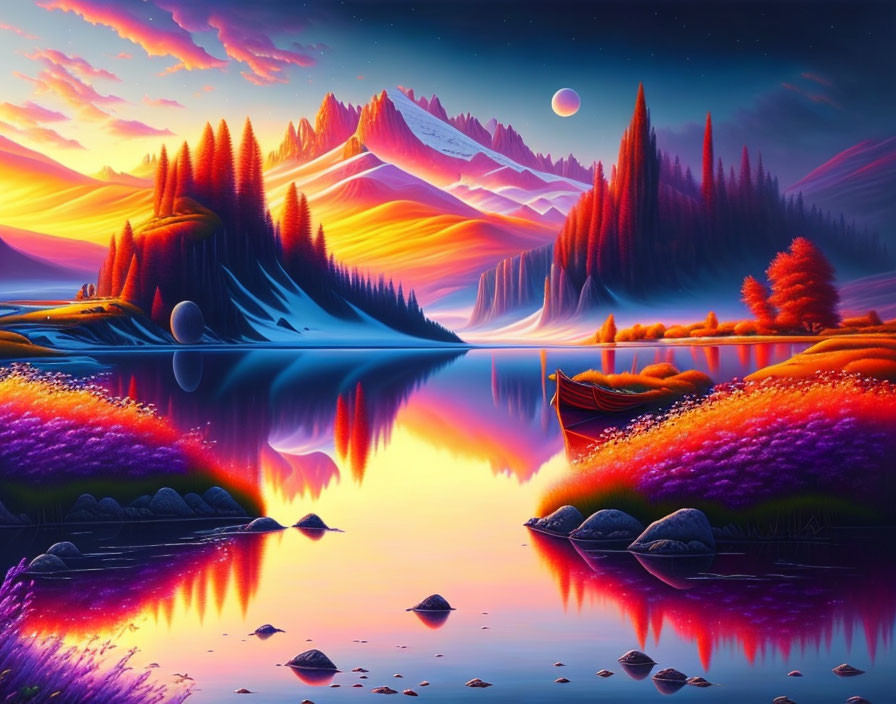 Serene lake landscape with purple hues, boat, trees, and mountains at twilight