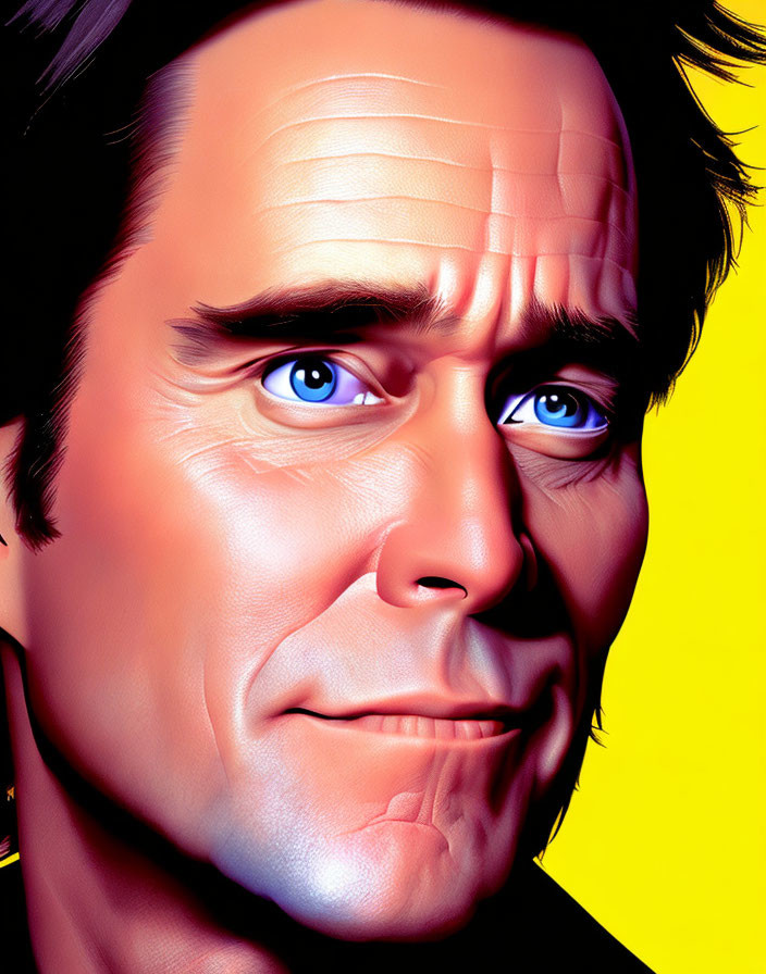 Striking digital portrait of a man with blue eyes on yellow backdrop