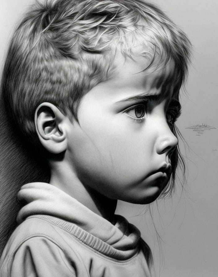 Detailed shaded side profile of pensive child with short hair.