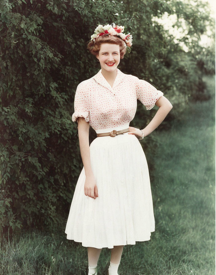 Smiling woman in polka dot blouse and floral wreath in grassy area