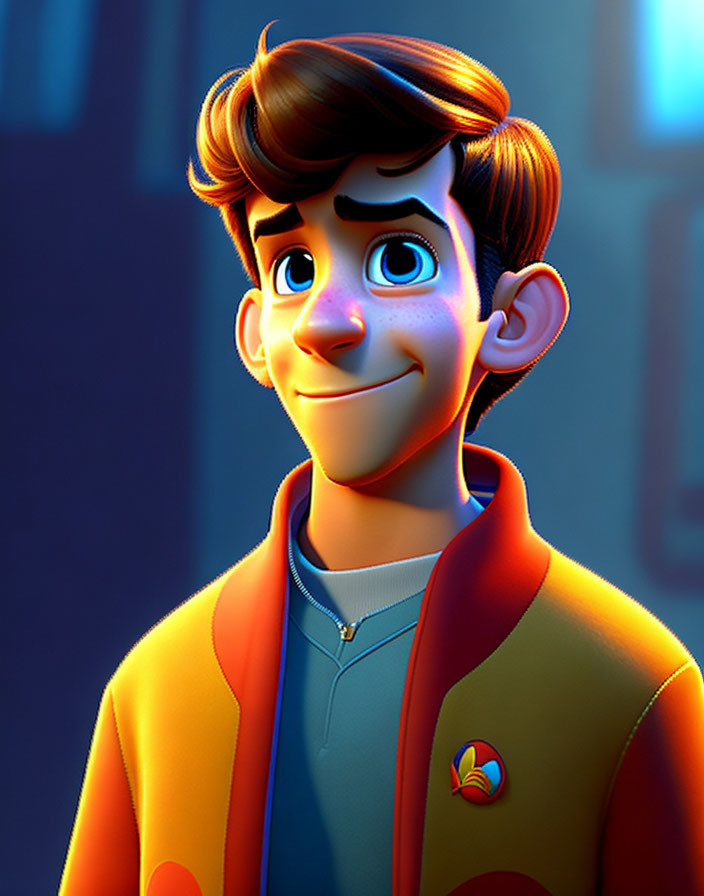Young male character in blue shirt, red vest, and orange jacket smiling in 3D illustration