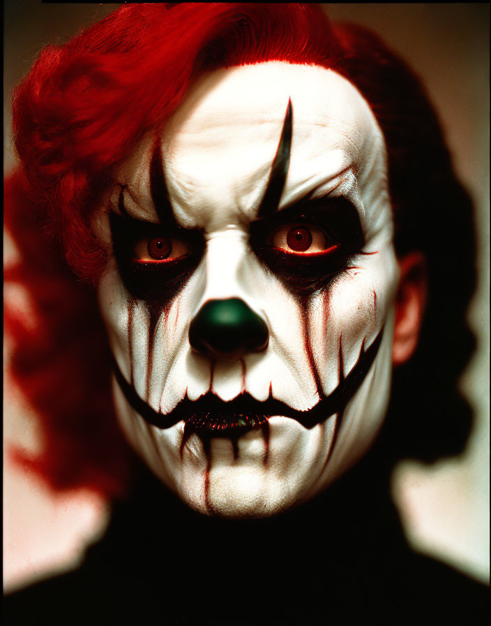 Portrait of a person in clown makeup with white face paint and red hair