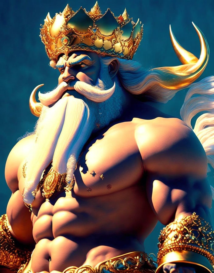 Muscular mythical king with white beard and golden crown in 3D render