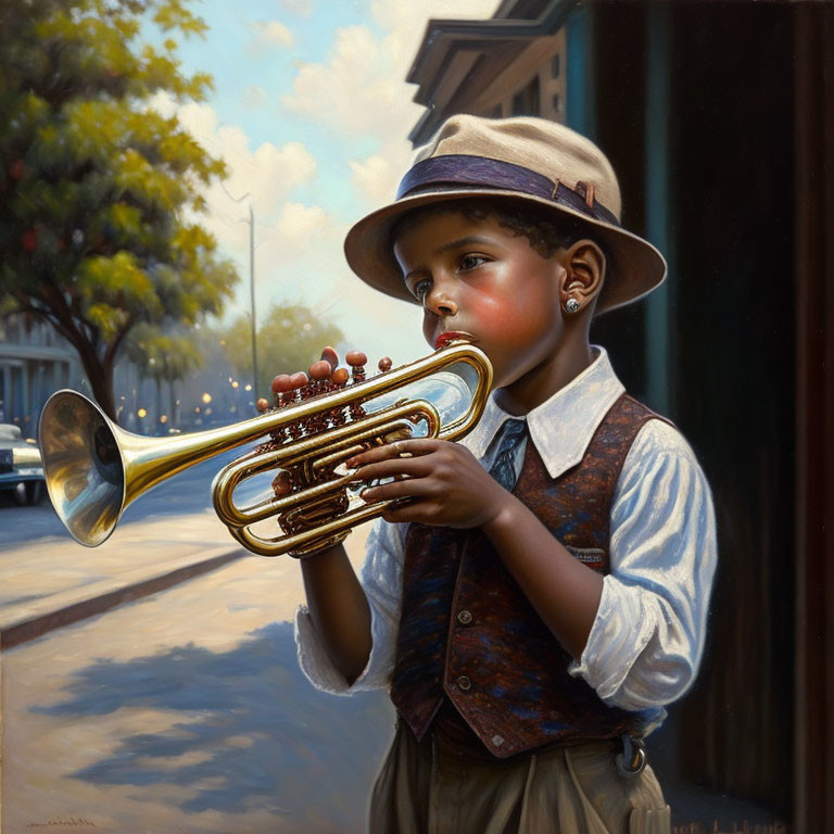 Six year old boy playing trumpet 