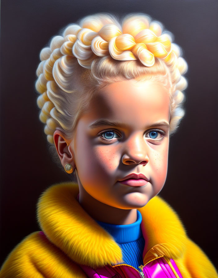 Young girl digital portrait with elaborate braid, blue eyes, yellow fur coat, blue top, hoop