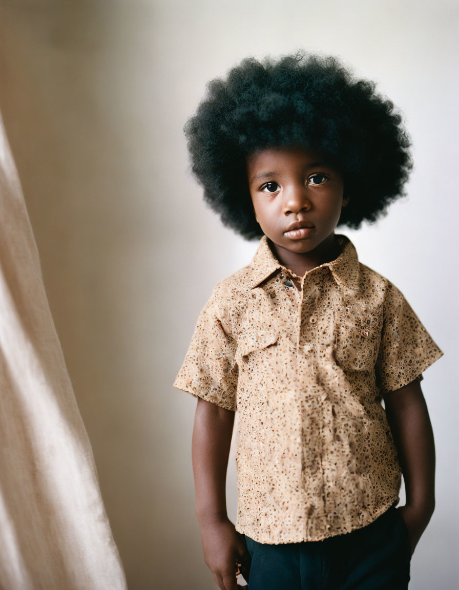 Child with large afro and patterned shirt in front of neutral background
