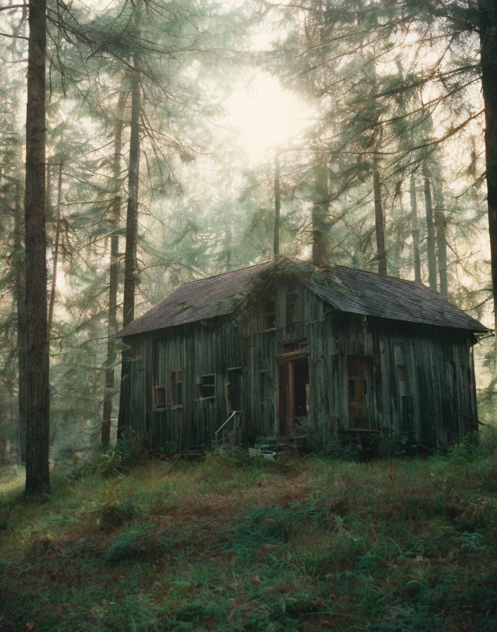 Rustic wooden cabin in misty forest with sunlight filtering.