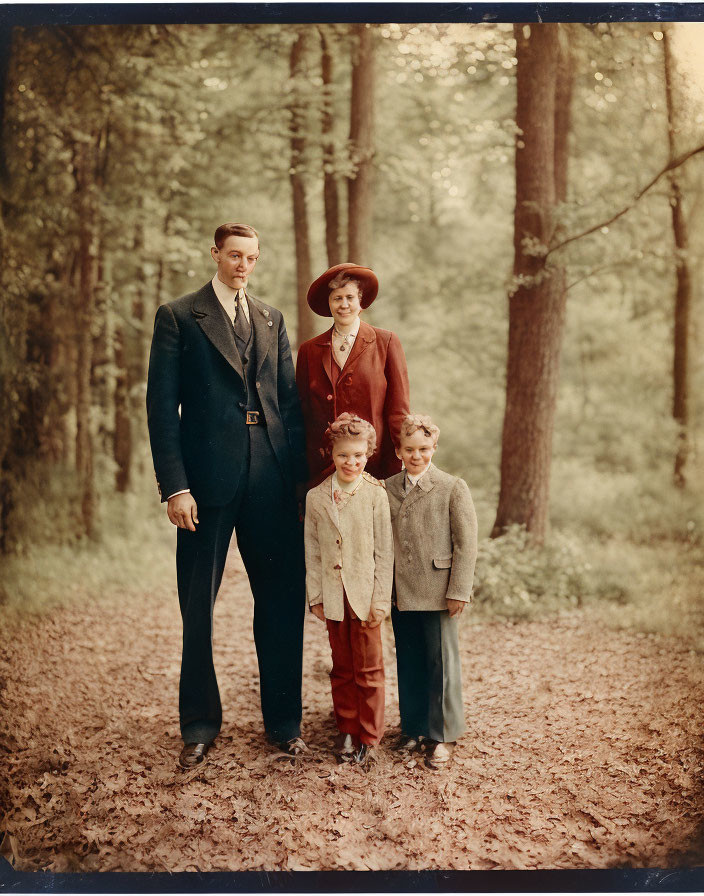 Vintage Family Portrait: Tall Man, Woman in Red Outfit, Two Boys in Coats