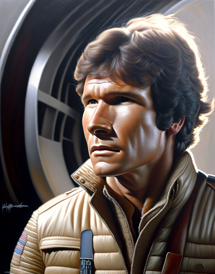 Sci-fi character with wavy hair in beige jacket against spacecraft backdrop
