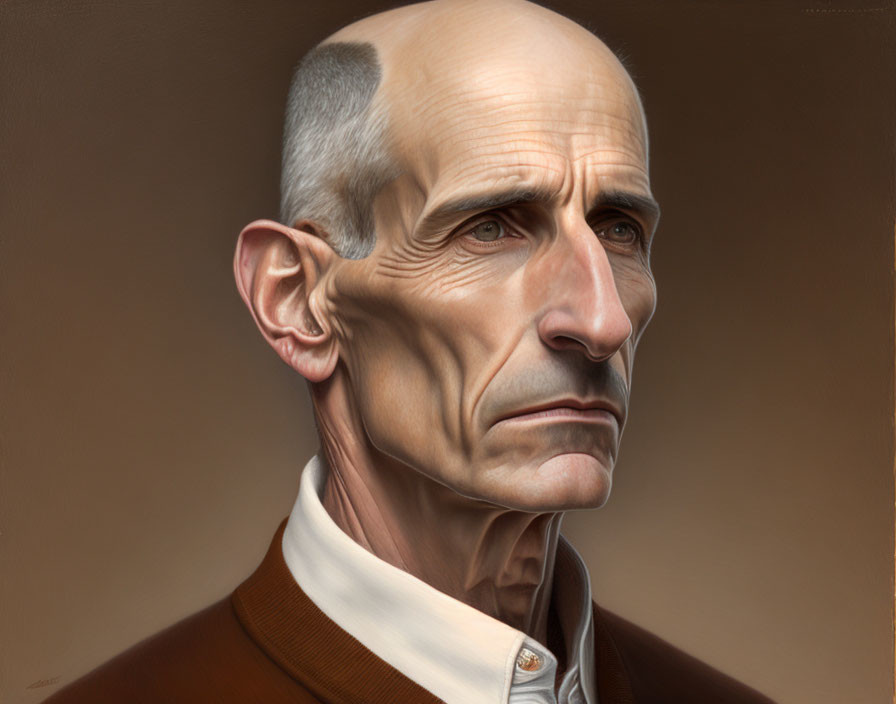 Detailed portrait of balding elderly man with prominent ears and deep-set eyes