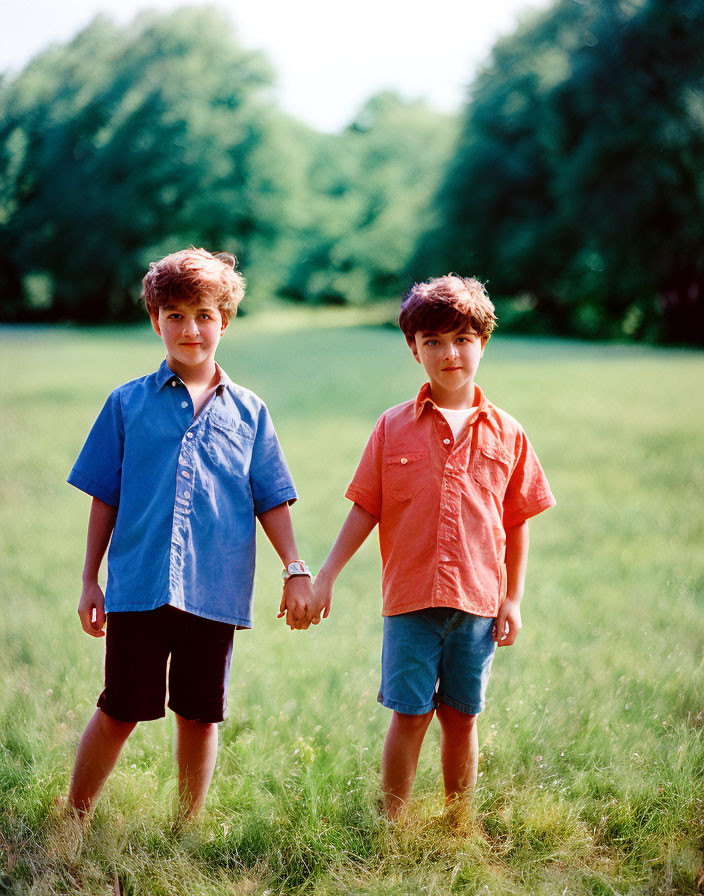 Two young boys holding hands in sunlit meadow with trees.