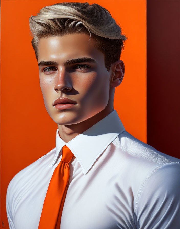 Blond man digital art: slicked-back hair, blue eyes, white shirt, orange tie