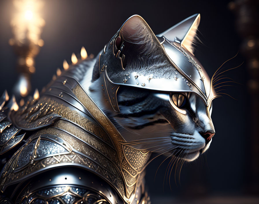 Tabby cat in medieval armor with helmet and spikes on dark background