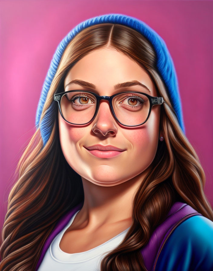 Smiling young woman with glasses and blue beanie on pink background