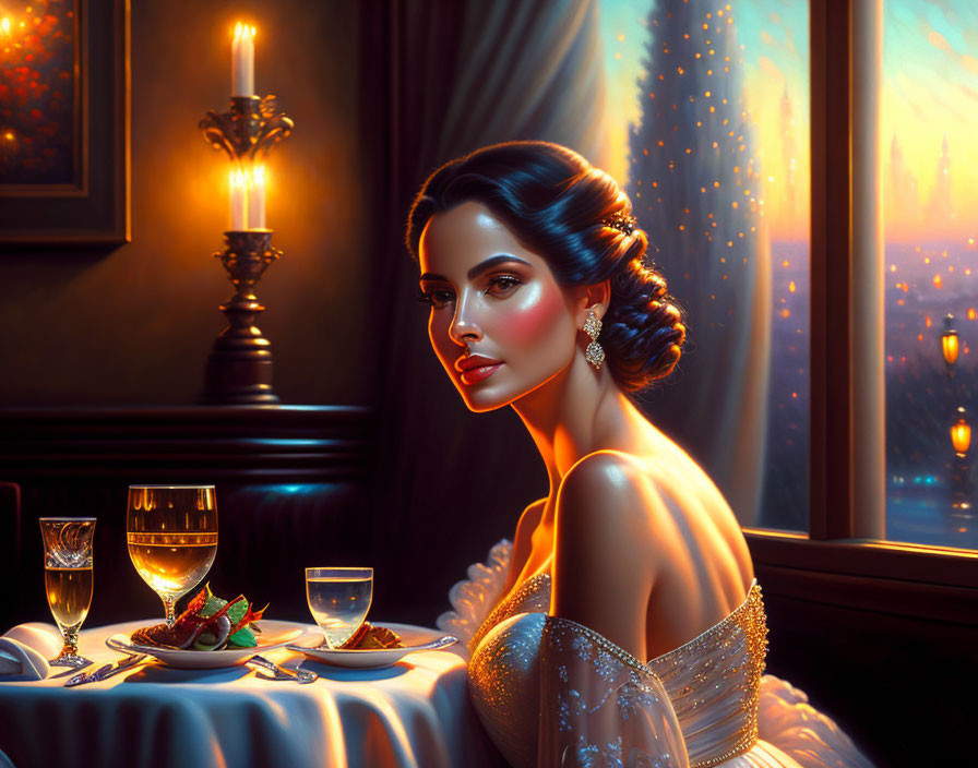 A beautiful woman sitting at an elegant restaurant