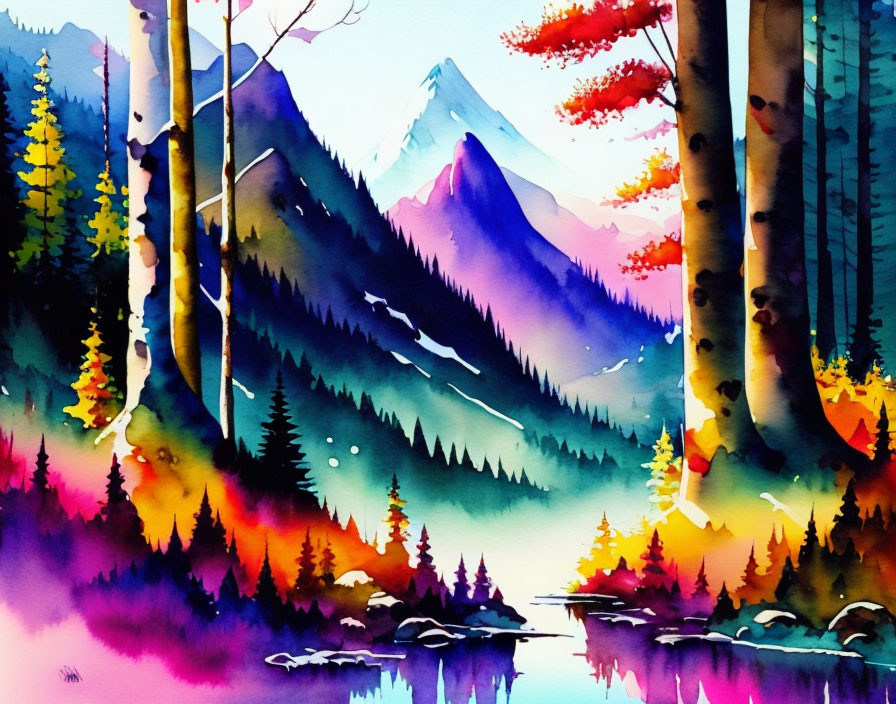 Watercolor and ink- early morning mountain forest
